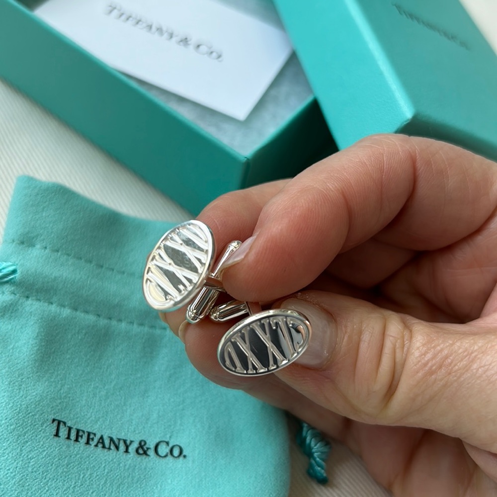 Tiffany’s sterling silver cuff links in pouch and box. Never worn.